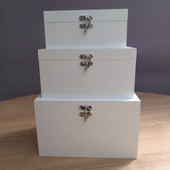 Stack of 3 Sizes White Painted Pine Wooden Boxes 30cm,27cm,22cm with paint defects