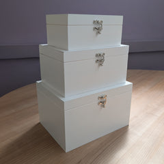 Stack of 3 Sizes White Painted Pine Wooden Boxes 30cm,27cm,22cm with paint defects